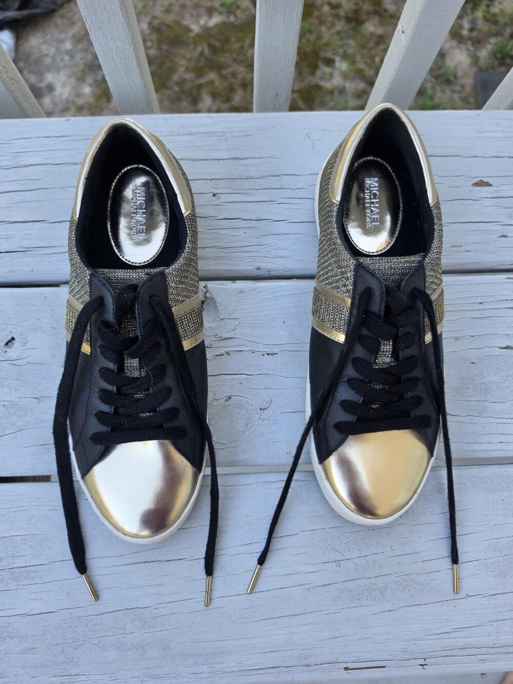 Michael Kors Keaton Stripe Womens 9.5 Black Gold Metallic Glitter Sneakers Glam